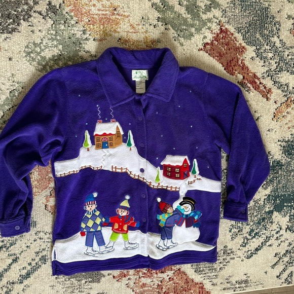 Quacker Factory Christmas Sweater Jacket XL Purple Cardigan Snowman Button Down - Picture 13 of 16